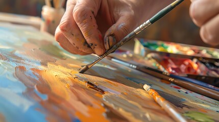 Obraz premium An artist's hand is holding a paintbrush and painting on a canvas. The canvas is covered in colorful oil paint.