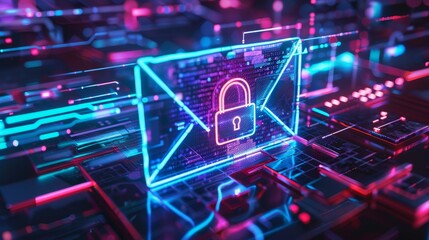 Neon lit cyber security concept  encrypted email symbolized by padlock on digital network