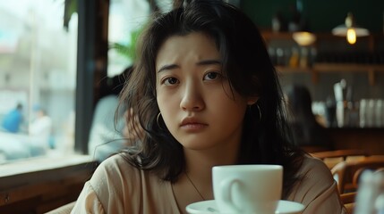 Thoughtful young woman looking out the window, holding a cup of coffee in her hands. She is wearing a beige blouse and has long dark hair.