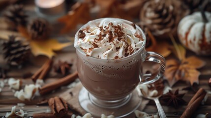 Hot chocolate with whipped cream and chocolate sprinkles in a glass cup on a wooden table.