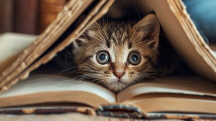 Curious kitten hiding under a book