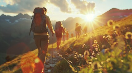 Several hikers walking along a trail towards the setting sun, capturing the essence of adventure, companionship, and the natural beauty in a tranquil mountain environment.