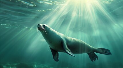 Obraz premium An enchanting view of a seal illuminated by sunrays as it swims through the clear water, showcasing the splendor of marine life and the tranquil environment of the underwater world.