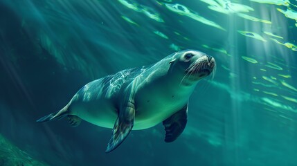 A beautiful image showcasing a seal gliding effortlessly through the water, illuminated by beams of light from above, representing grace, freedom, and the serene underwater world.