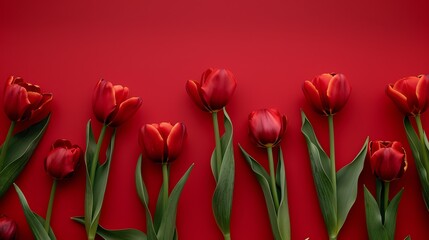 Fototapeta premium Red tulips on a red background. The tulips are arranged in a row with their stems facing left.