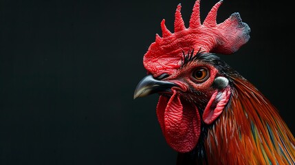 A close-up of a rooster's head. The rooster has its beak open and is looking to the side.