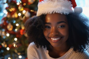 Smiling woman enjoying the holidays. Christmas decorations in background with lights and ornaments.