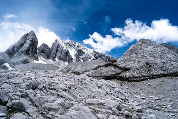 View of Jade Dragon Snow Mountain. Jade Dragon Snow Mountain is a mountain near Lijiang, in Yunnan province, southwestern China.