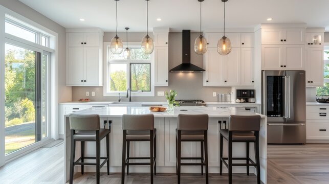 A modern kitchen with white cabinets and an island with bar stools
