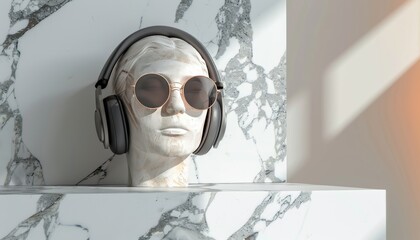 Minimalist 3D rendering of sunglasses headphones on a human head sculpture, symbolizing music