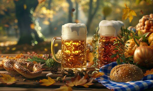 Oktoberfest celebration with beer, pretzels, and traditional Bavarian attire on October 3rd