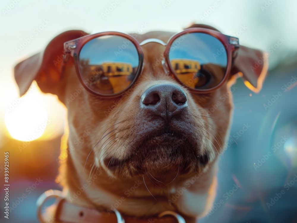 Wall mural A small, brown dog wearing sunglasses on a sunny day. The dog is looking directly at the camera with an amusing expression.