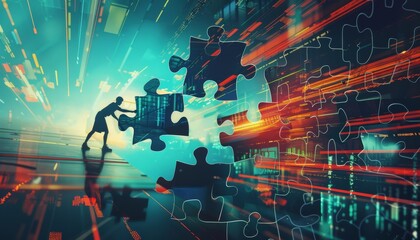 A schematic illustration of two workers collaborating pushing puzzle pieces towards each other