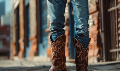 Classic American denim paired with cowboy boots, embodying the rugged spirit of the Wild West, set against a modern urban backdrop