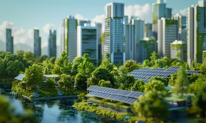 Sustainable city with solar panels and green infrastructure