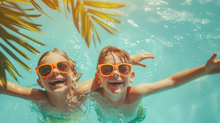 Cute kids in the water with copy space