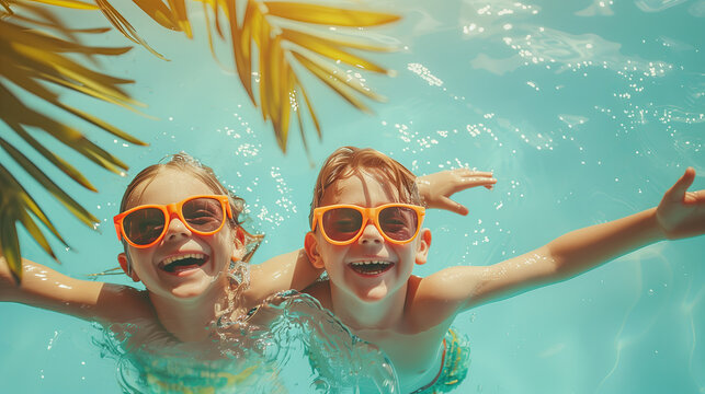 Cute kids in the water with copy space