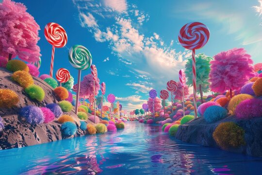 A whimsical world of candy, featuring colorful trees and a river flowing through it.