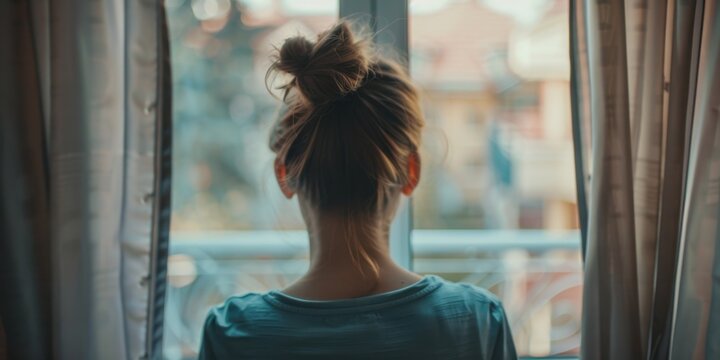 Contemplative female looking out apartment window in the evening. - Powered by Adobe