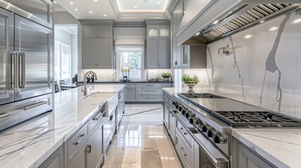 Fototapeta premium A modern kitchen interior featuring stainless steel appliances and marble countertops