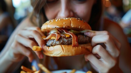 A woman indulging in a hearty hamburger at a restaurant, savoring every bite of this delicious meal.