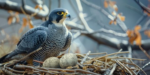 A falcon is brooding its eggs in a nest, displaying the behavior of sitting on her eggs to keep them warm and safe.