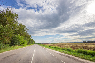 A road with a few trees on the side and a cloudy sky