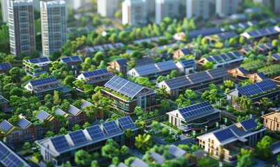 Sustainable city with solar panels and green infrastructure