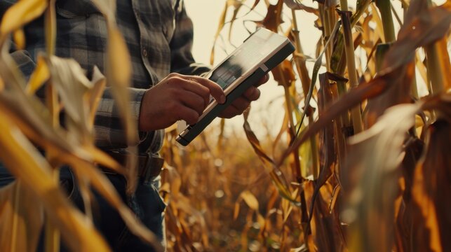 Farm worker holding tablet computer in corn field, using technology to manage and monitor crop growth and yield.