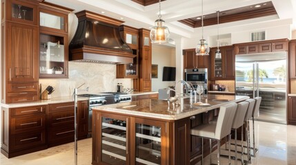 A modern kitchen with a large island stainless steel appliances and a view of the ocean