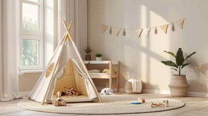Cozy kids' room featuring a play tent, various toys, and a comfortable floor bed, designed in a Montessori style.