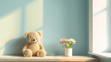 Empty wooden table in a baby room interior, showcasing a cozy and inviting space.