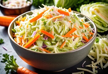 creamy coleslaw delightfully fresh green cabbage shredded carrots salad side dish, vegetables, crunchy, dressing, colorful, picnic, tangy, refreshing, summer