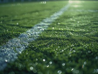 Naklejka premium Water droplets on a sports field, showing dew or rain. Grass is bright green, and the sun is shining on the ground.