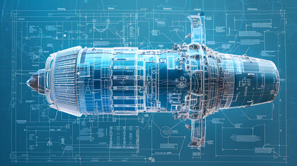 blueprint of spaceship engine, blueprint layout on blue background,