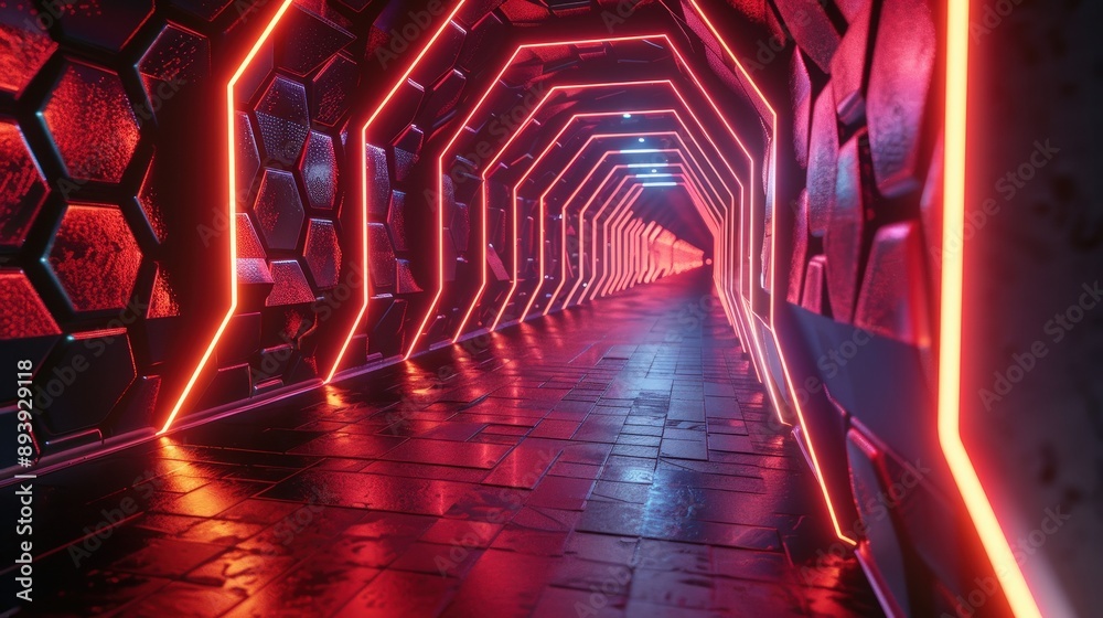 Poster a futuristic tunnel lined with glowing hexagonal tiles and neon lights, creating a visually captivat