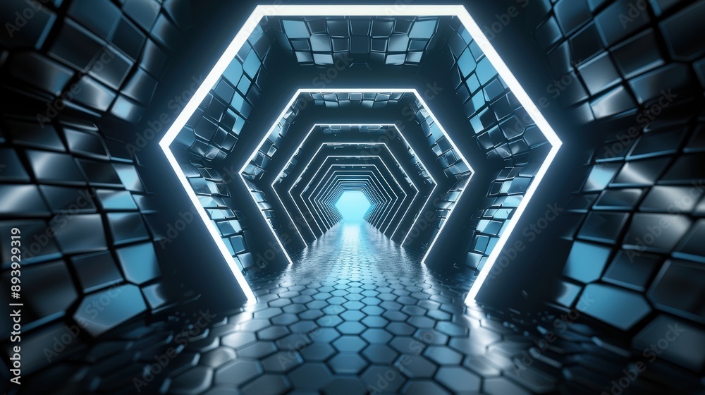 Poster a futuristic tunnel with glowing white lights and a hexagonal tile floor. the tunnel walls are lined
