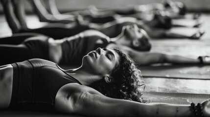 A group of women participating in a yoga class, with the image presented in black and white.