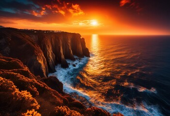 Obraz premium vibrant sunset light jagged cliffs sea, beach, beacon, brightness, bright, coastline, color, colorful, craggy, daybeacon, daylight, daylighting, daystar