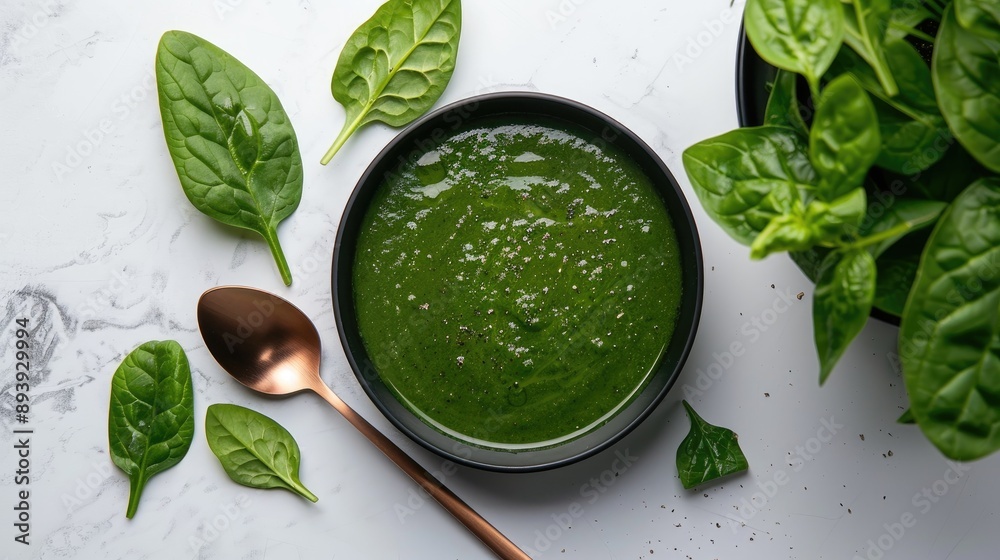 Sticker Spinach soup in black bowl with rose gold spoon on white table with plant Top view photo