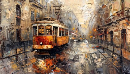 Ultra sharp photo showcasing an oil painting of a tram moving through old city