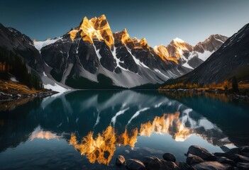 Obraz premium dramatic jagged peaks towering over serene mountain range reflection water, mountains, lake, landscape, rugged, terrain, majestic, scenery, tranquil, reservoir