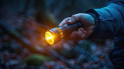 A person holding a bright flashlight in a dark forest, providing light and guidance in a nighttime outdoor setting