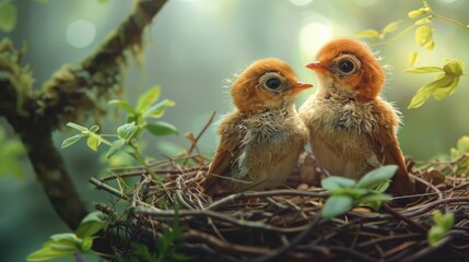 Obraz premium Two adorable baby birds nestled in a cozy nest, surrounded by greenery. The scene captures a moment of tenderness and natural beauty