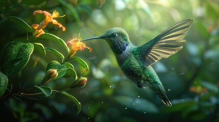 Naklejka premium A vibrant hummingbird in mid-flight feeding on an orange flower, surrounded by lush green foliage and morning sunlight