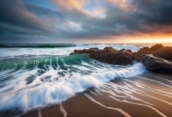Fototapeta premium tranquil ocean waves gently meeting serene coastal scene soft waves, shoreline, water, beach, sea, tide, surf, coastlines, seascape, waterfront, horizon, blue, summer