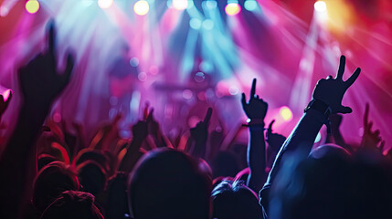 Obraz premium Concert Crowd Under Vibrant Stage Lights at Music Festival, Excited Audience, Live Performance, Energetic Atmosphere, Festival Lights, High-Resolution Image, Music Event, Dynamic Stage Lighting