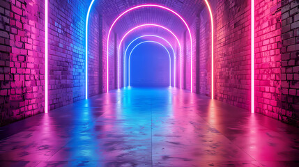 A tunnel with a rainbow colored light. Tunnel background with neon outline style. brick wallslines, arch with neon lines