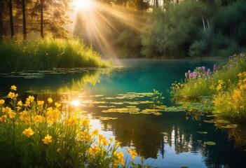 Fototapeta premium glistening lake reflecting morning sunlight, water, reflection, serene, peaceful, tranquil, shimmering, nature, beauty, landscape, outdoor, calm, dawn