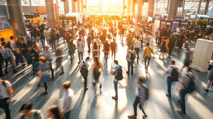Busy Trade Fair with Booths and Blurry Business People, Active Expo, Business Event, Trade Show, Crowded Exhibition, Networking Opportunities, Professional Gathering, Dynamic Business Environment